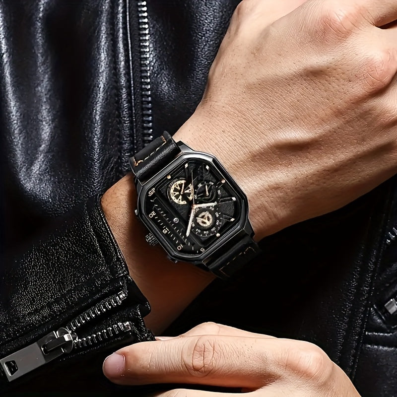 Men's Sports Watch Quartz Square Alloy Case Faux Leather Strap Non-Waterproof Calendar
