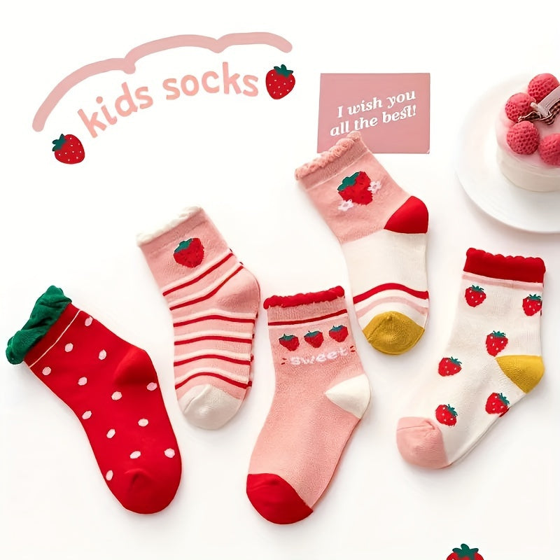Children's Socks 5 Pairs Breathable Strawberry Style Knit Fabric Multicolor
