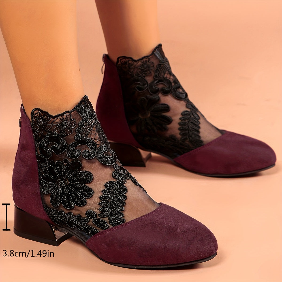 Women's Floral Embroidered Ankle Boots Black Mesh Zipper Mid-Heel