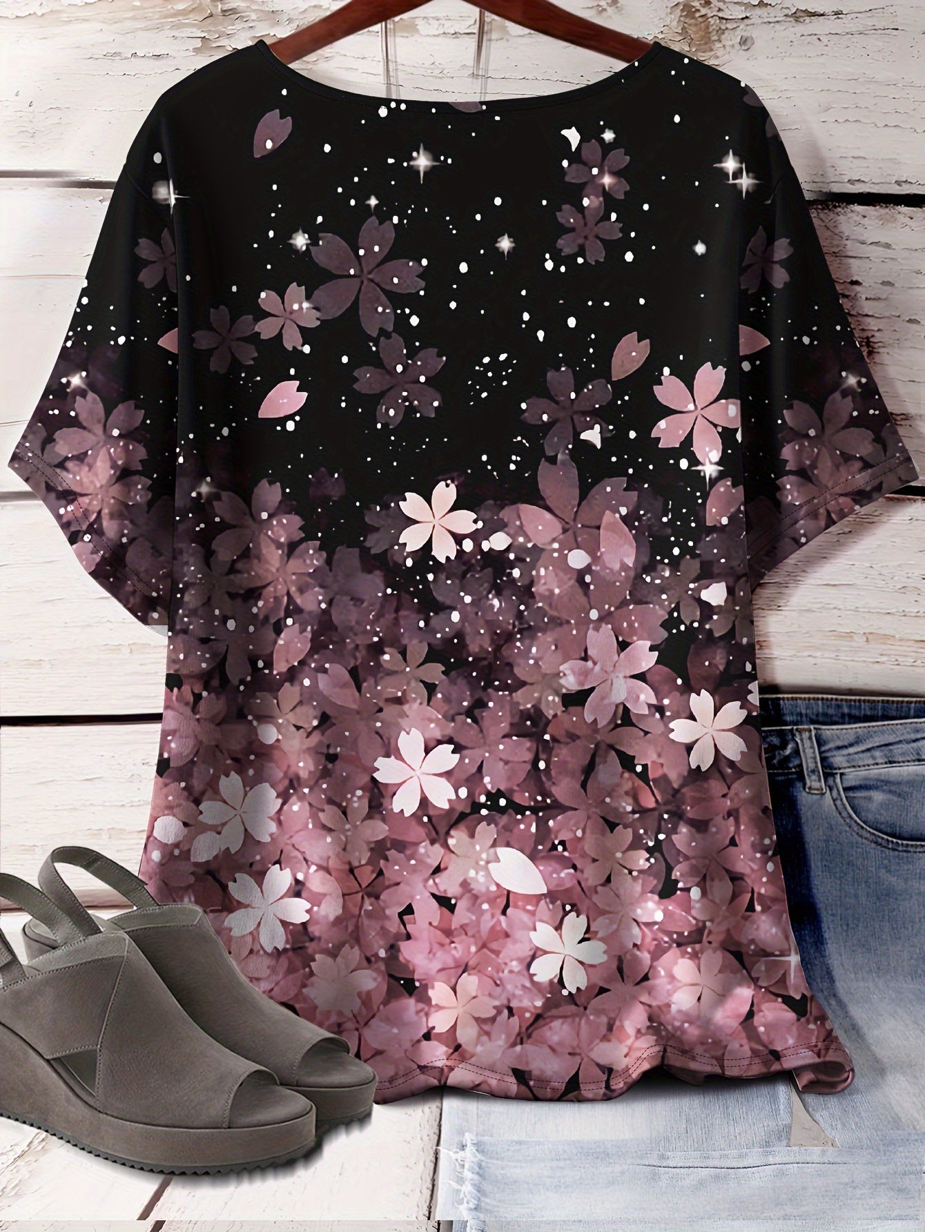 Plus Size Floral Print T-Shirt for Women Casual Spring Summer Polyester Knit Top