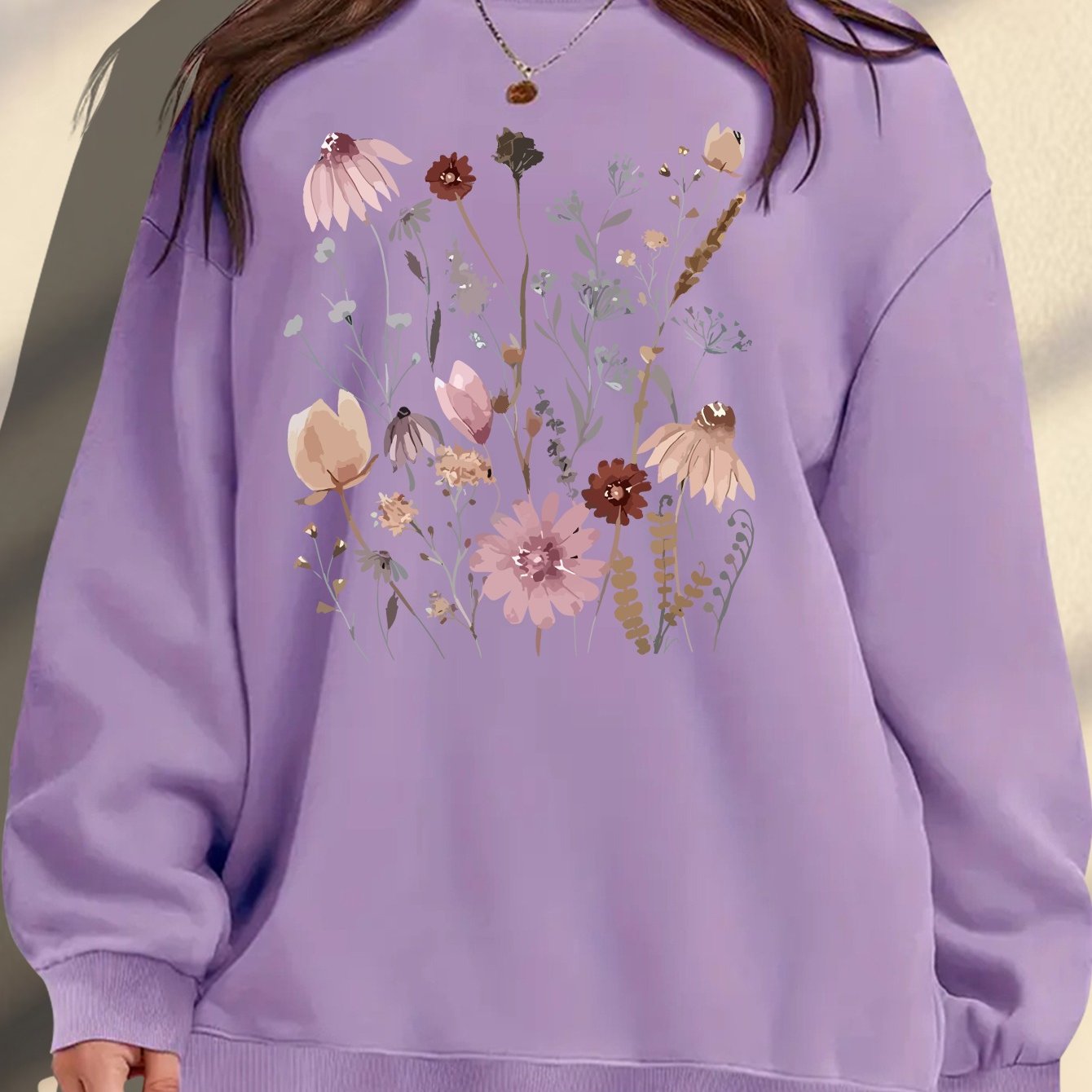 Women's Plus Size Floral Print Sweatshirt Cozy Maroon Pullover Autumn Wear