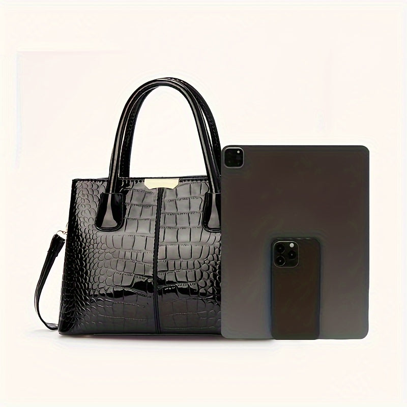 Black Crocodile Pattern Handbag with Adjustable Strap and Zipper Closure