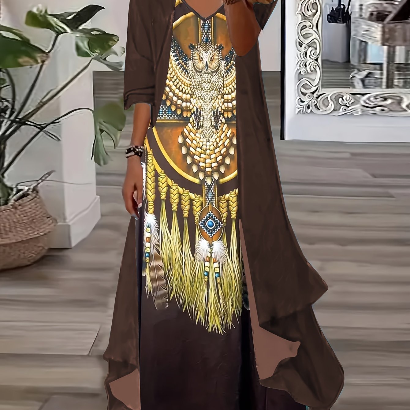 Vintage Floral Printed Short Sleeve Dress with Pleats and Fake Two-Piece Design