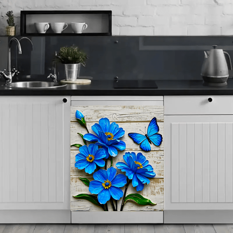 Blue Floral Butterfly Waterproof Vinyl Decal Sticker for Kitchen Appliances