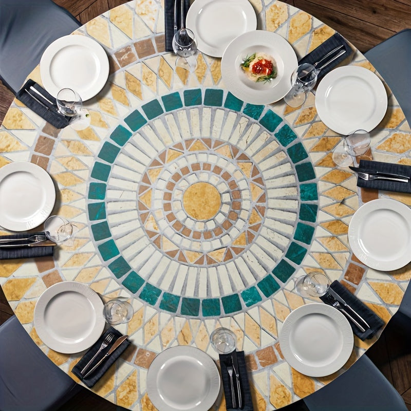 Oziq-ovqat uchun mo'ljallangan, oson parvarishlanadigan, burishmaydigan polyesterdan tayyorlangan, murakkab mozaika dizayni bilan bezatilgan, elegant va mustahkam doira stol usti. Suv o'tkazmaydigan va yog'ga chidamli.