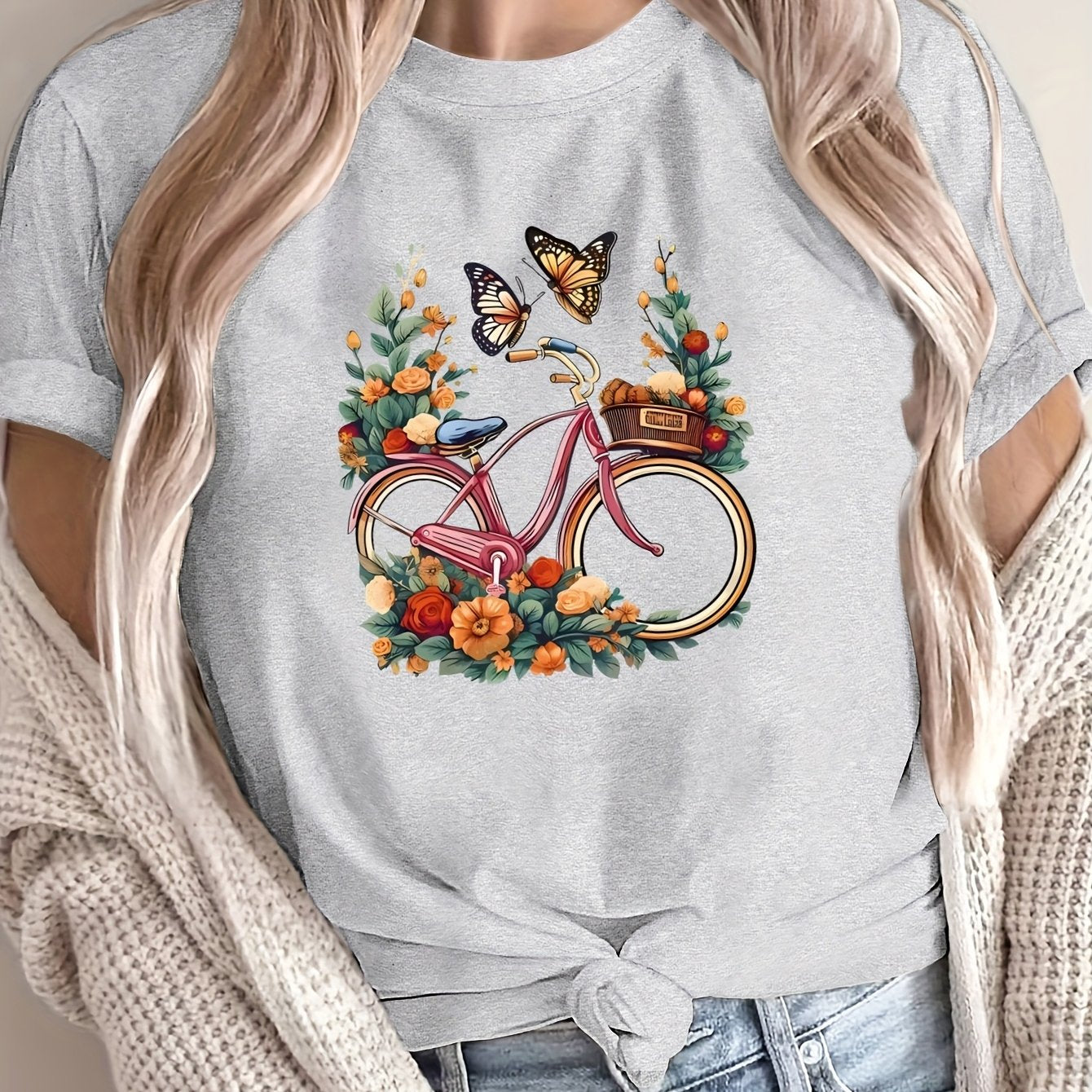 Women’s Floral Bicycle Print T-Shirt Casual Crew Neck Breathable Polyester Black