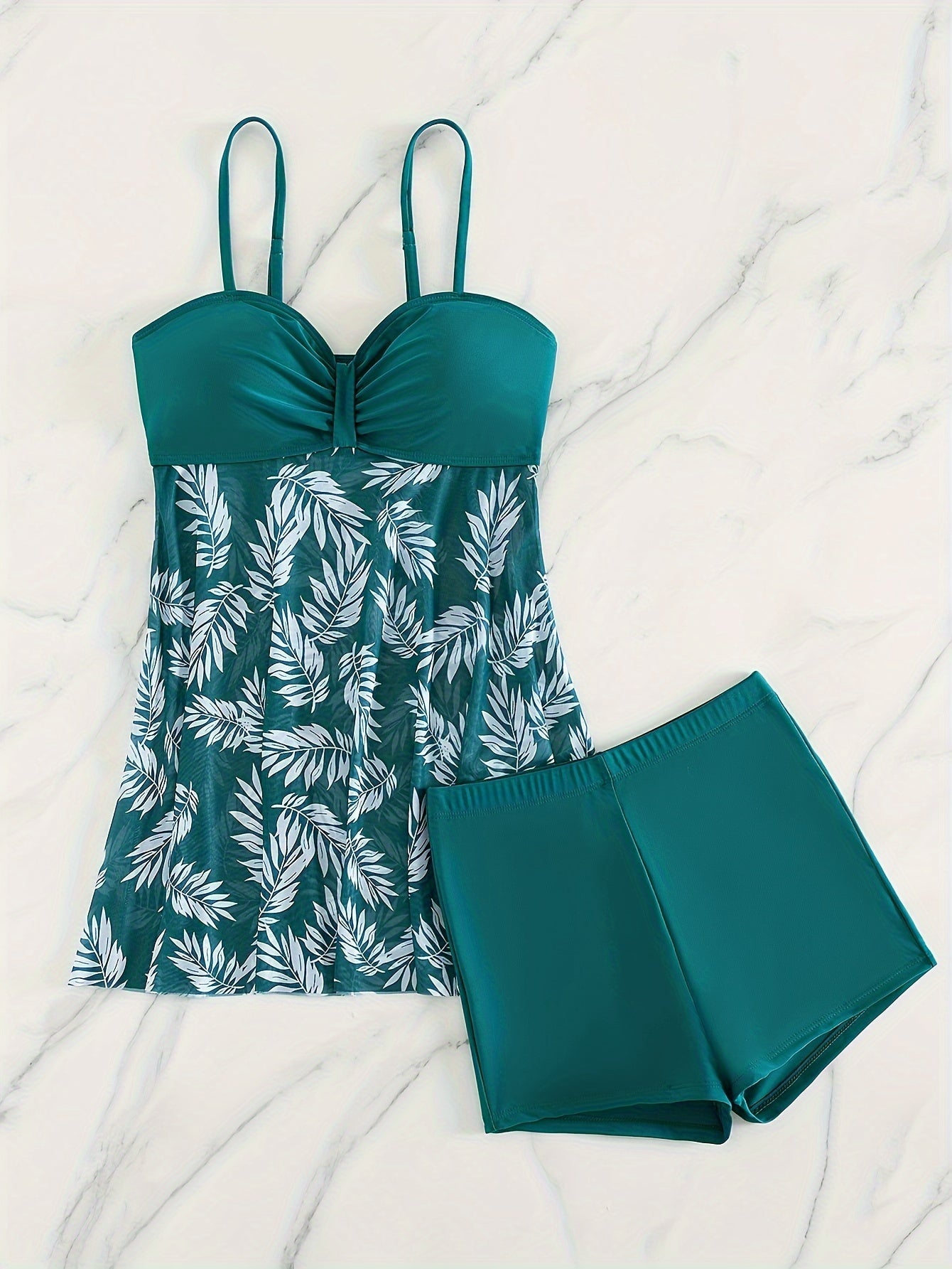 Tropical Print Tankini Swimsuit with Mesh Contrast High Stretch Polyester for Women