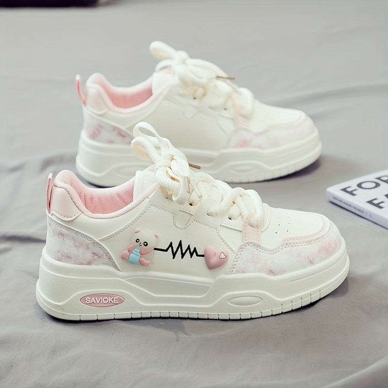 Women's White Mid-Top Sneakers with Cushioned PVC Sole and Heart Stripes
