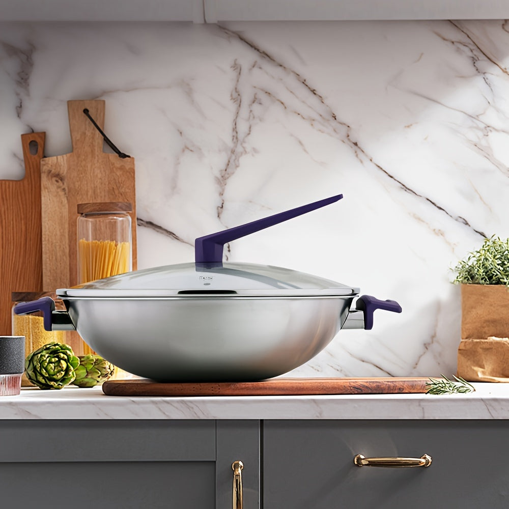 35.56 sm zanglamas po'latdan yasalgan bir dona wok, shisha qopqoq bilan, katta sig'imga ega va barcha pech turlari uchun mos. Qovurish pishirish uchun ideal.