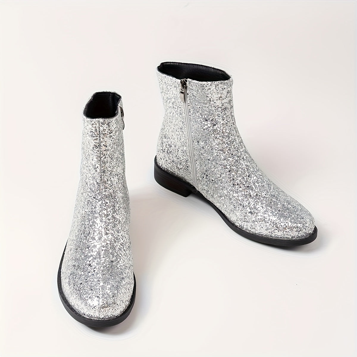 Women's Plus Size Short Sequin-Decorated Chelsea Boots with Zipper and Chunky Heel