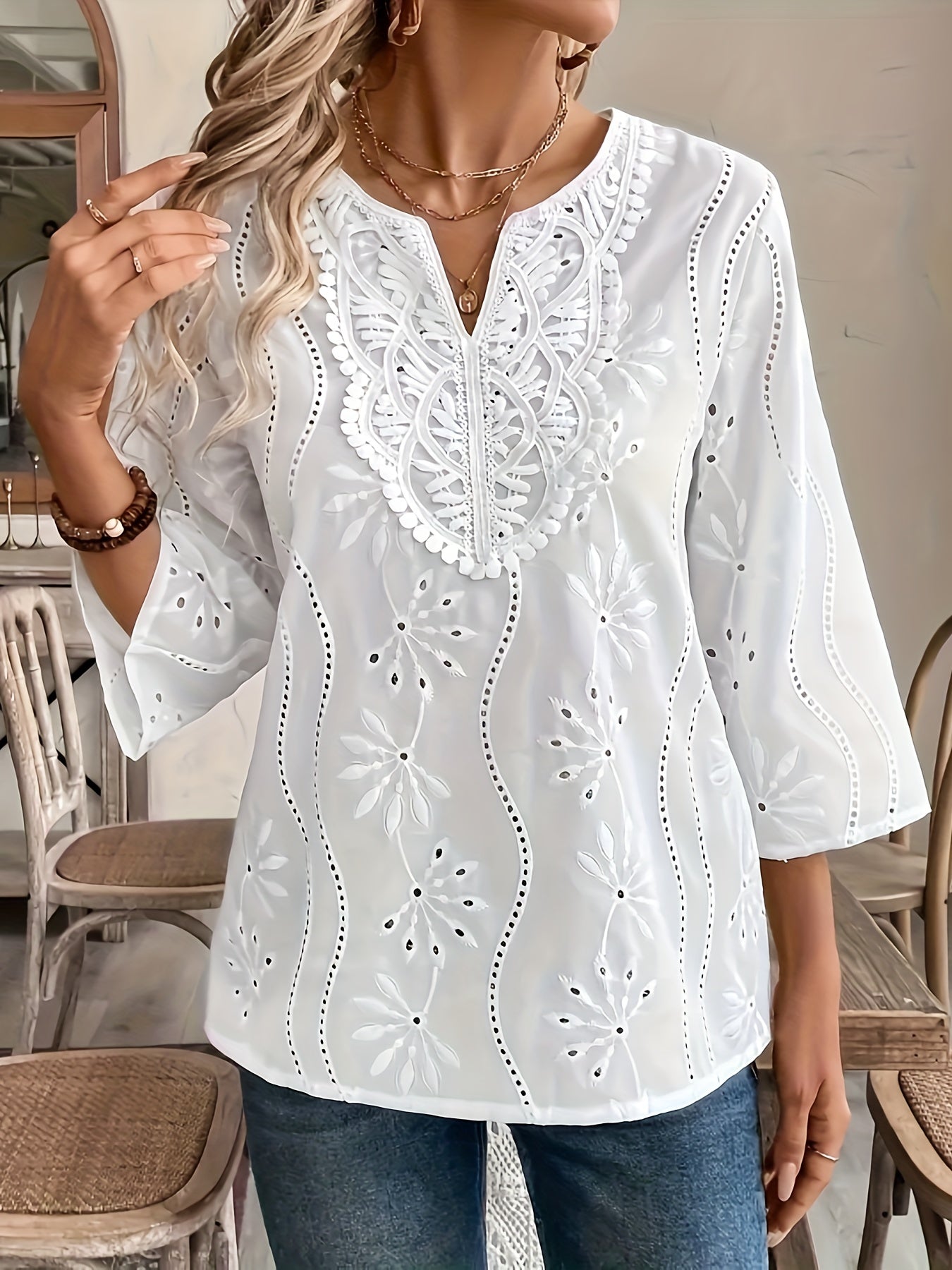 Women's V-Neck Blouse with Lace Detail Solid Cotton Blend Spring Summer Fall