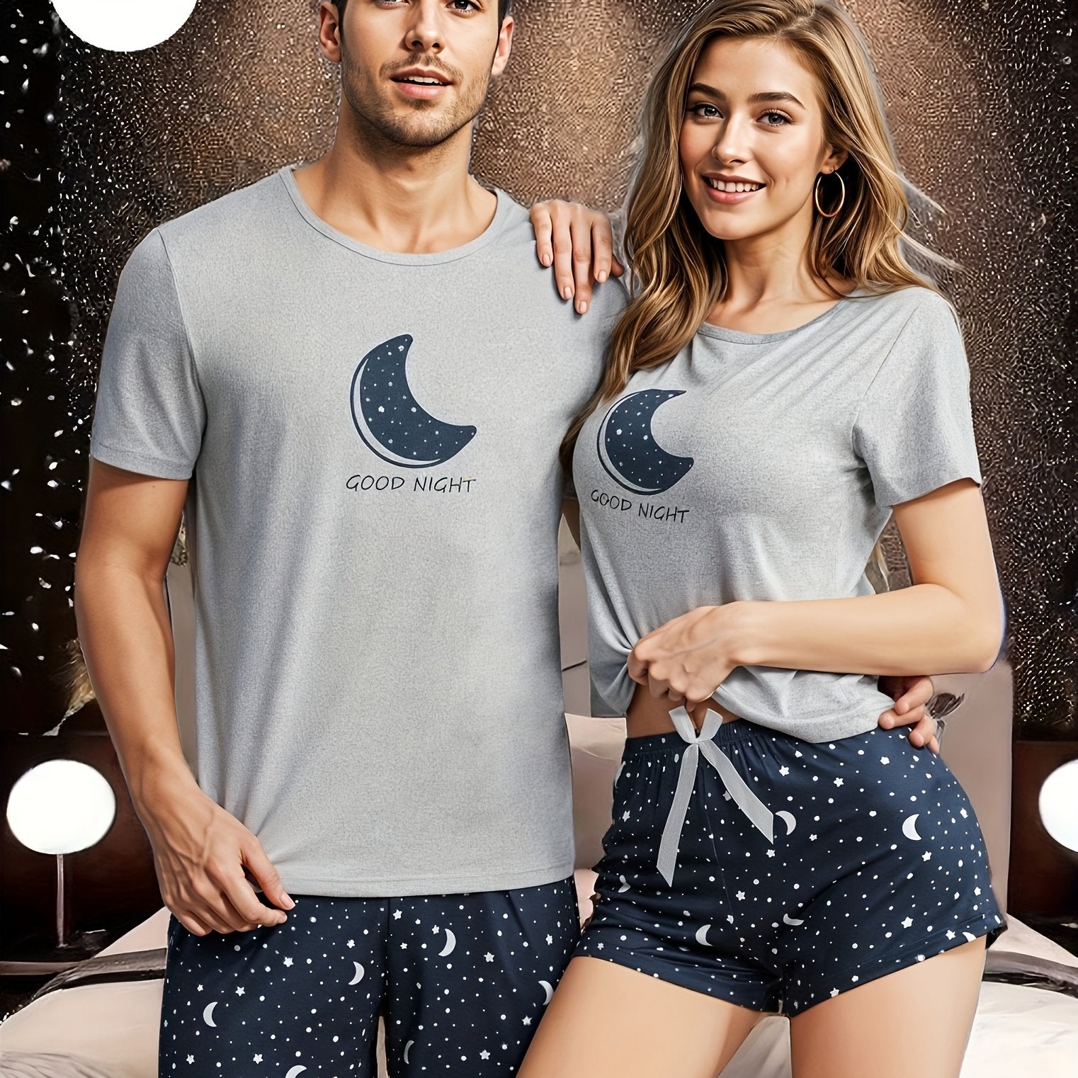 Men's Moon and Slogan Graphic Tee and Galaxy Print Pajama Set Polyester Crew Neck Regular Fit