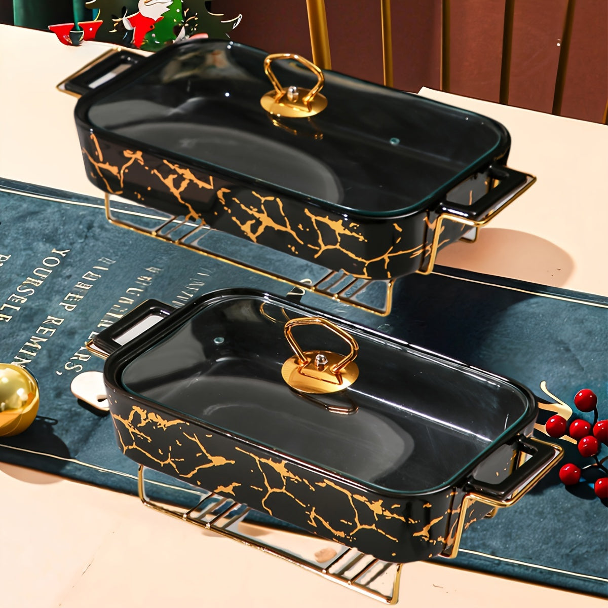 Ceramic Casserole Dish Set with Lids and Iron Stand for Holiday Cooking