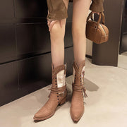 Women’s Ankle Boots Faux Leather Floral Embroidery Pointed Toe Mid-Heel All-Season