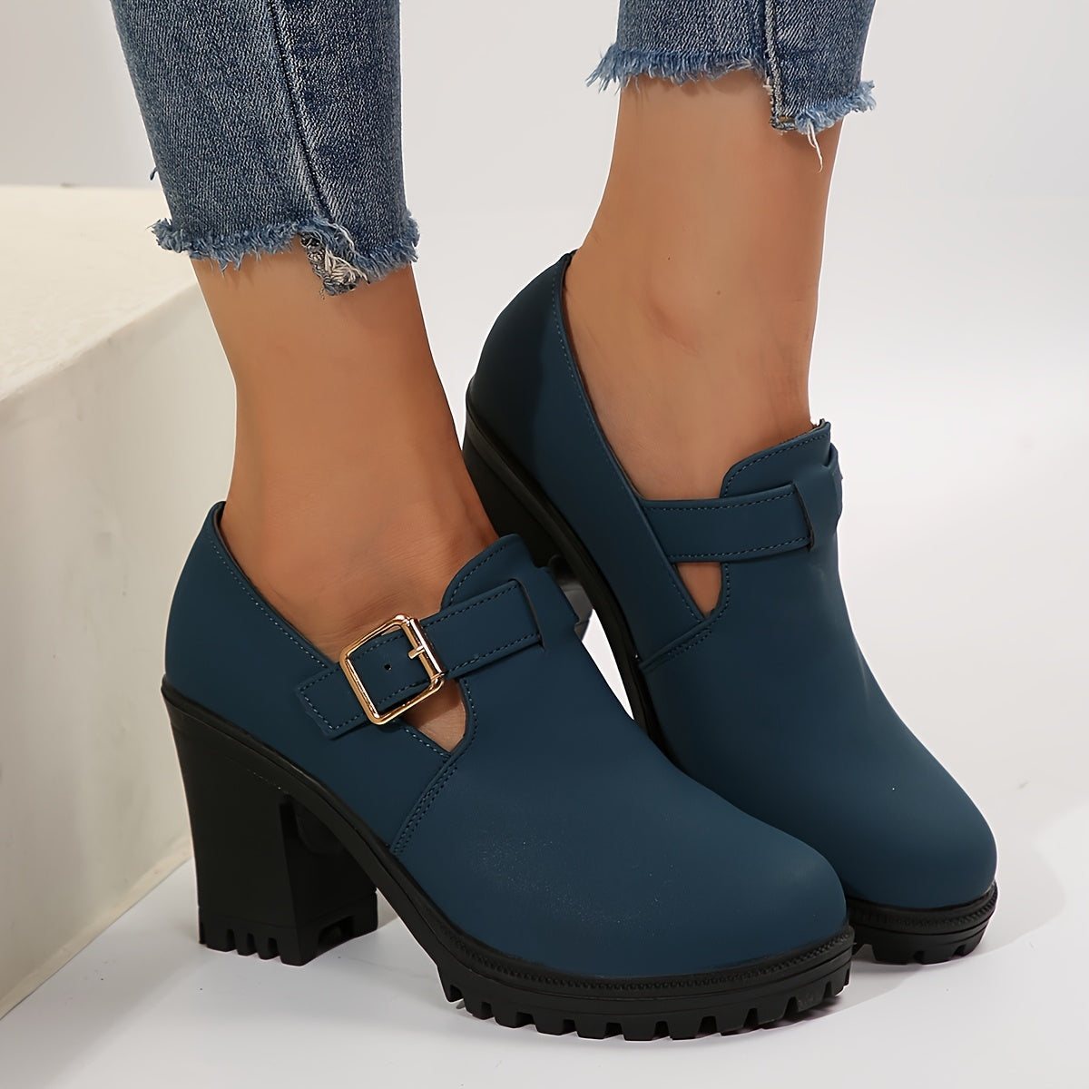 Women's Black Chunky Heel Pumps with Buckle Strap and Rubber Sole