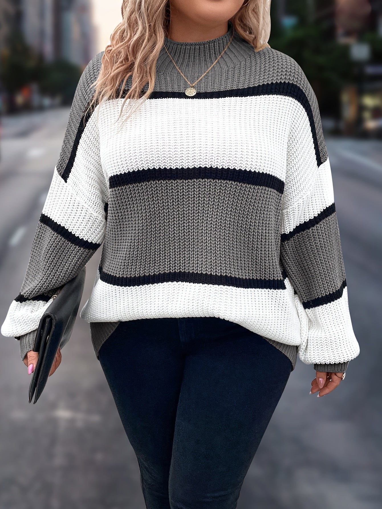 Plus Size Women's Striped Turtleneck Sweater Long Sleeve Winter Top