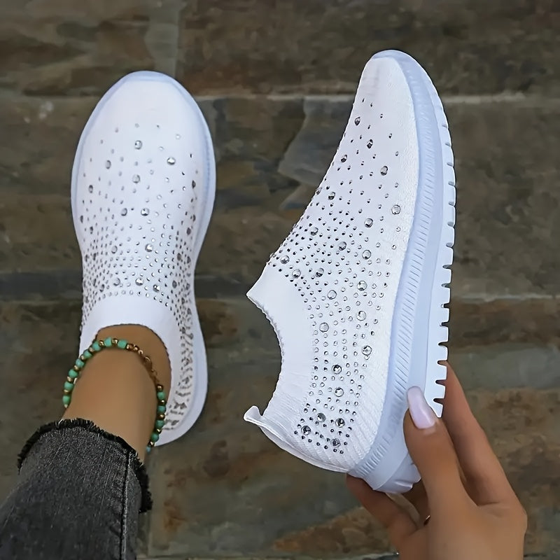 Women's Rhinestone Sneakers Breathable Knit Slip-On White Casual Shoes