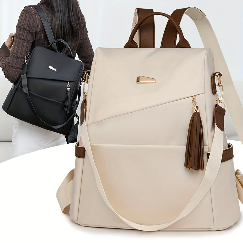 Women's Nylon Anti-Theft Backpack Purse in White and Brown with Adjustable Straps and Large Capacity