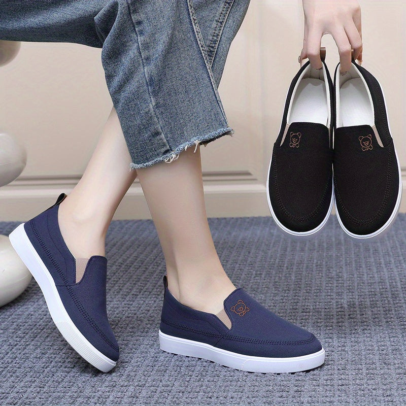 Women's Embroidered Slip-On Sneakers Breathable Casual Flats Navy Blue Black