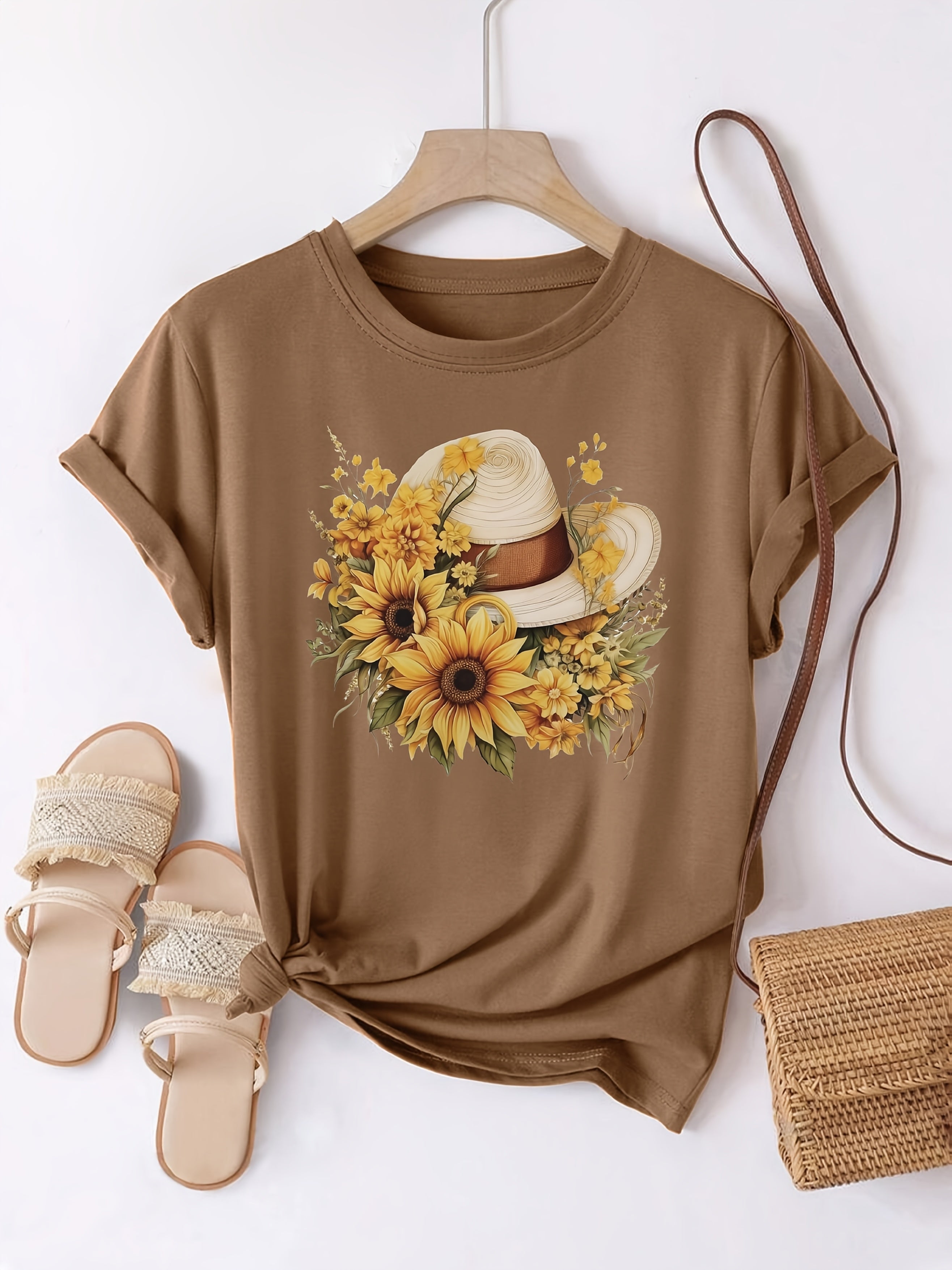 Plus Size Women's Cotton Short Sleeve T-Shirt Floral Sunflower Cowgirl Hat