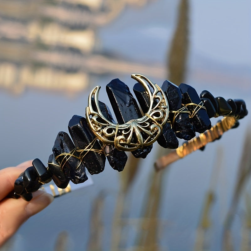 Women's Hair Accessory Headband with Natural Crystal and Moon Tiara Design