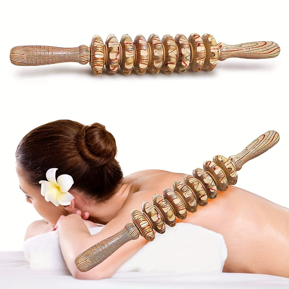 Wooden Handheld Massager with 9 Rollers for Muscle Relief and Wellness