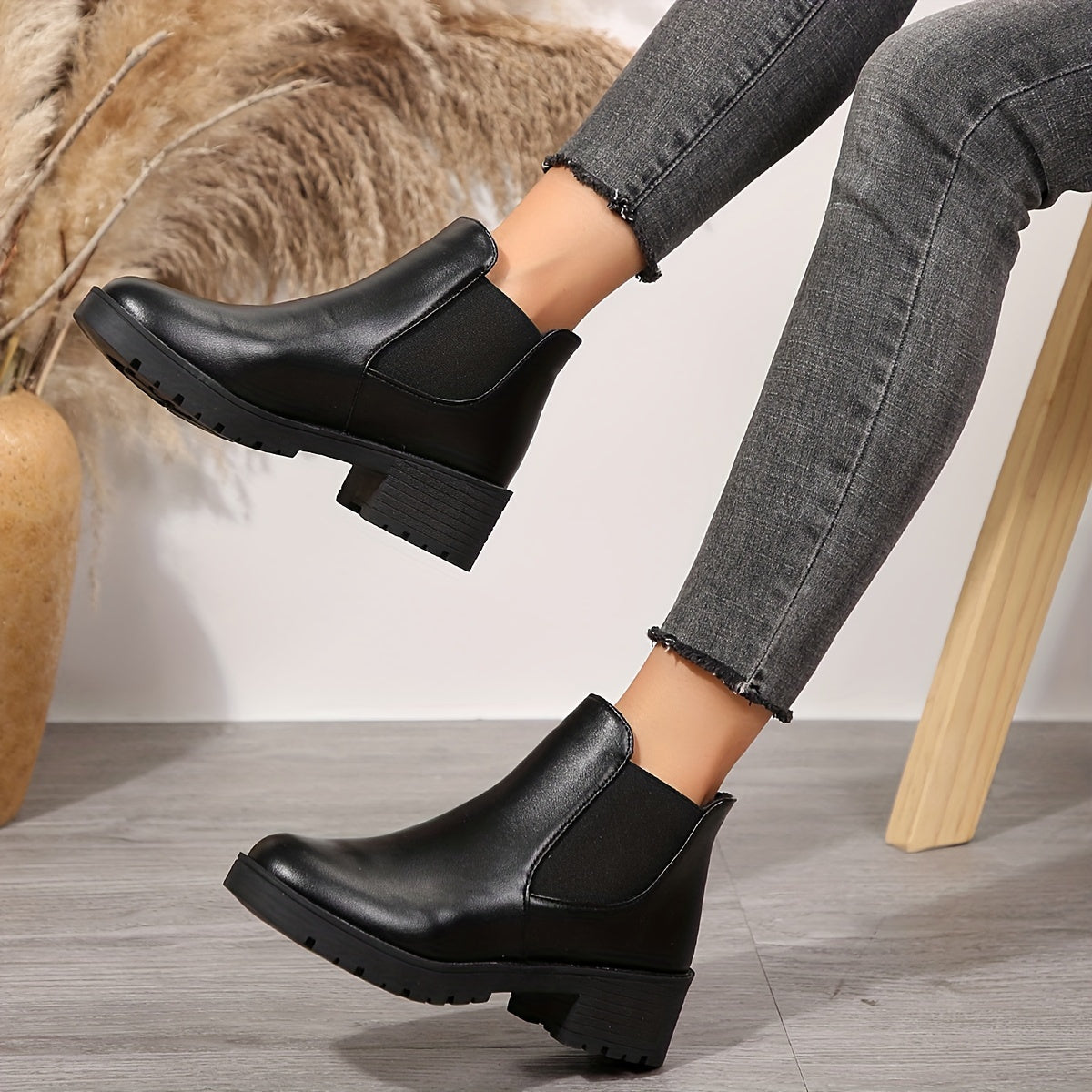 Women's Faux Leather Chelsea Boots Black Low Heel Slip-On Ankle Shoes