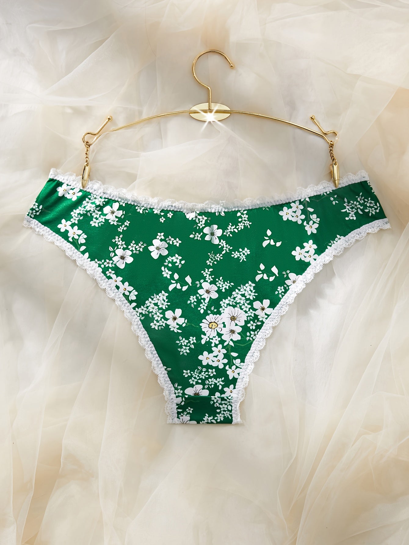 Women's Floral Print Lace Trim Panties Mid-Rise Breathable Polyester Blend