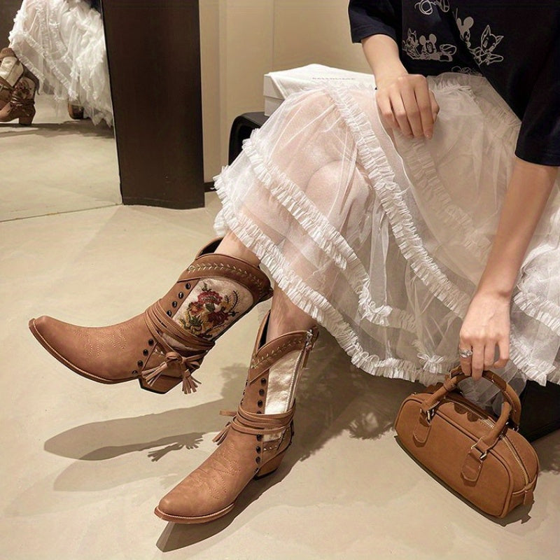 Women’s Ankle Boots Faux Leather Floral Embroidery Pointed Toe Mid-Heel All-Season