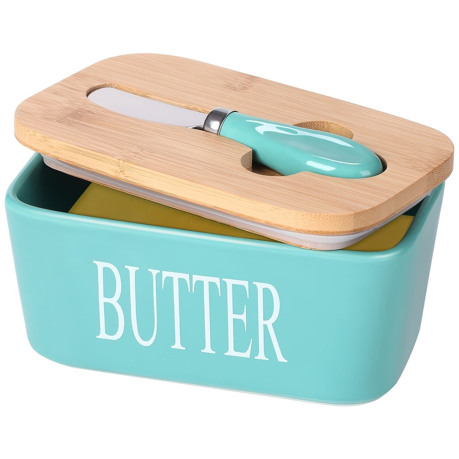 Ceramic Butter Dish Set with Bamboo Lid and Knife, Airtight Countertop Storage
