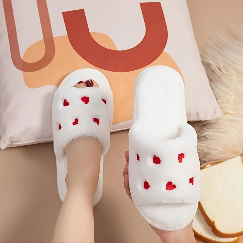 Open Toe Plush Slippers for Women Heart Pattern Indoor Casual Footwear
