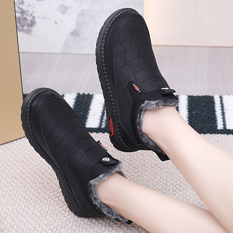 Women's Fleece-Lined Slip-On Ankle Boots Casual Solid Color Fabric