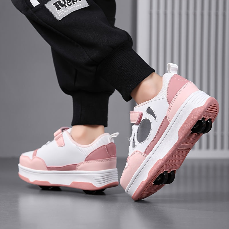 Girls' Pink and White Roller Skate Shoes with Breathable Lining Non-Slip Sole and Hook-and-Loop Fastener