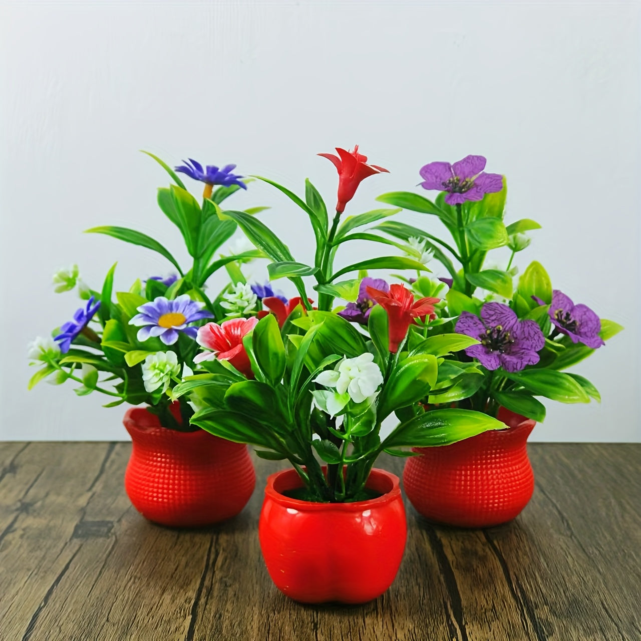 Mini Artificial Plants in Red Pots Set of 3 for Home Office Decor