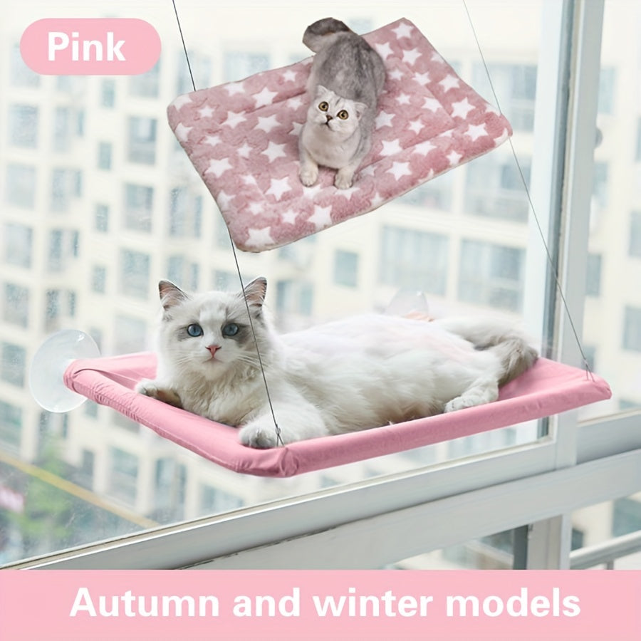 White and Gray Plaid Cat Hammock with Detachable Blanket and Secure Straps for Indoor and Balcony Use