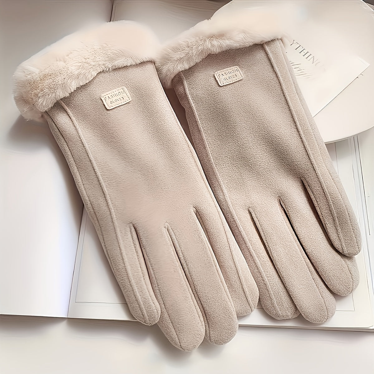 Women's Beige Touchscreen Gloves with Plush Lining and Full Finger Design