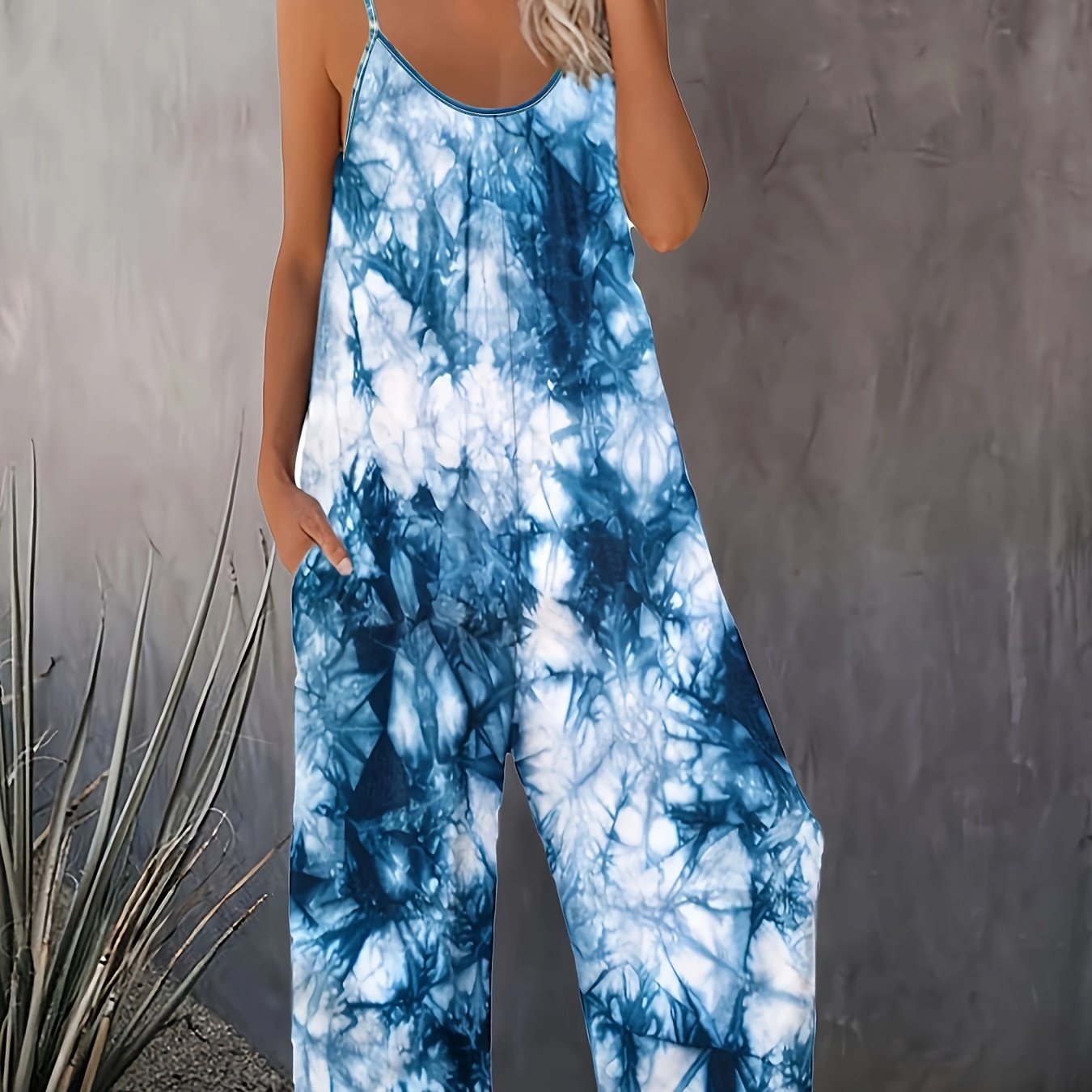 Plus Size Tie Dye Print Sleeveless Jumpsuit Casual Womens Clothing