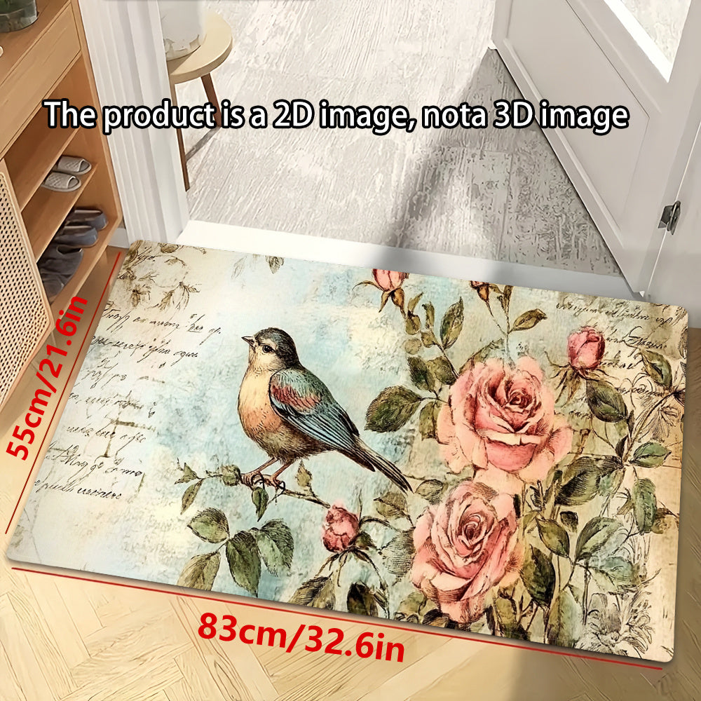 Vintage Rose & Bird Design Anti-Fatigue Oshxona Mat - Suvga chidamli, Yumshoq, Mashinada yuvish mumkin bo'lgan Polyester - Uy va Ofis uchun Qaytmas Mat