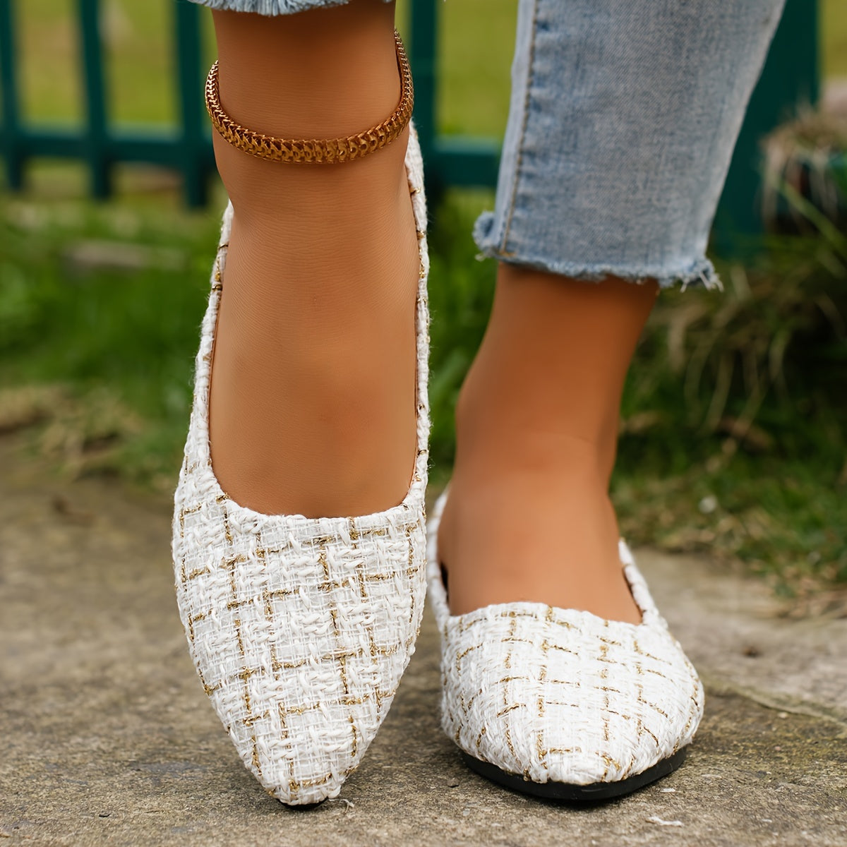 Women's Tweed Pattern Flats Slip-On Point Toe Casual Shoes