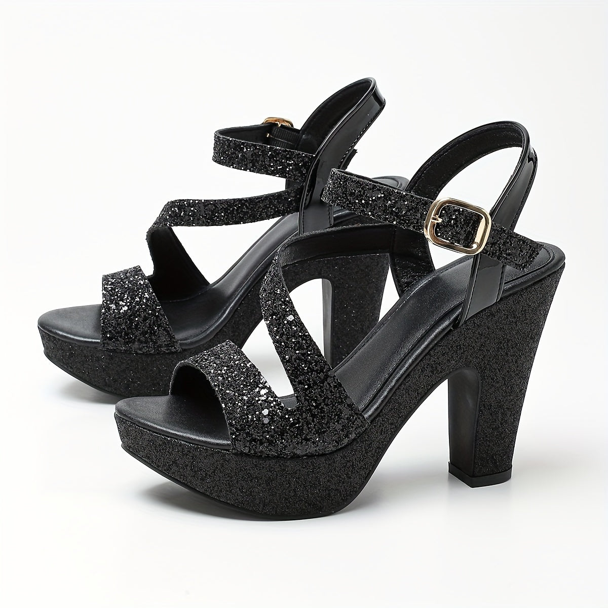 Women's Summer Shoes with Thick Gold Pink Heels, Round Toe, Hollow Design