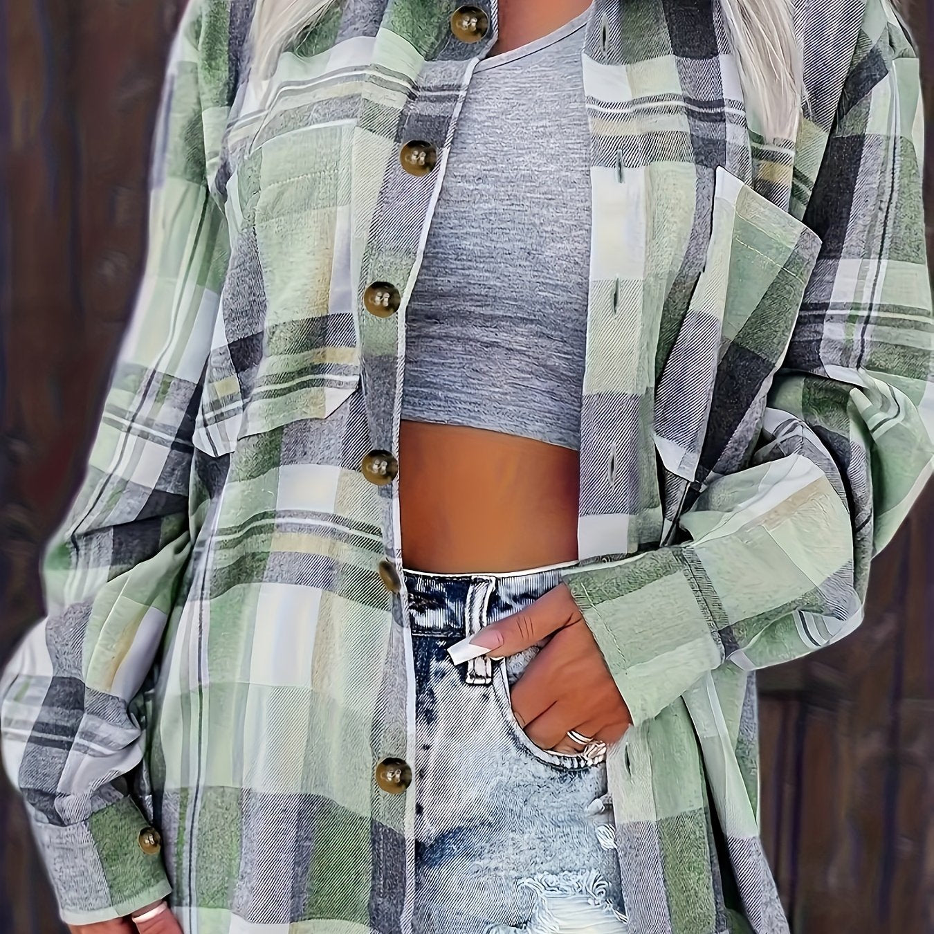 Ayollar uchun kattaroq o'lchamdagi plaid kofta polyester uzun qolli kundalik bluz