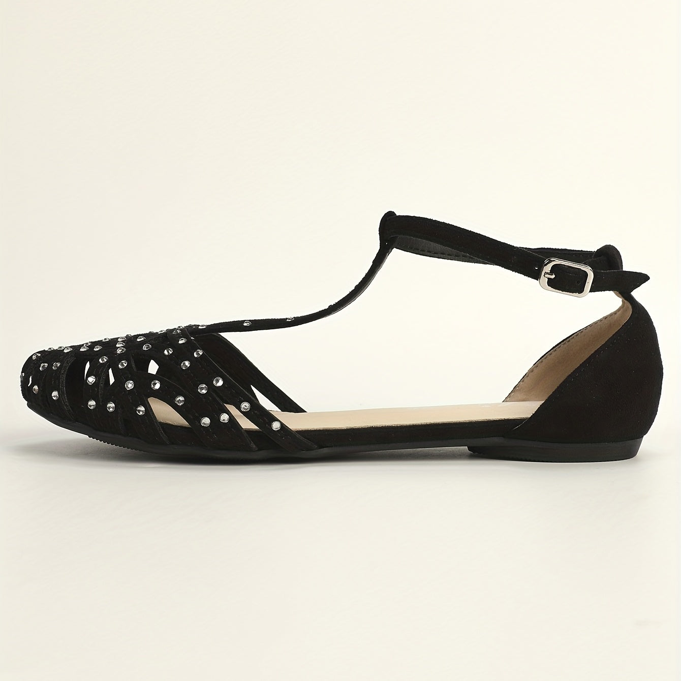 Women's Rhinestone Decor Flat Sandals Closed Toe T-Strap Ankle Strap