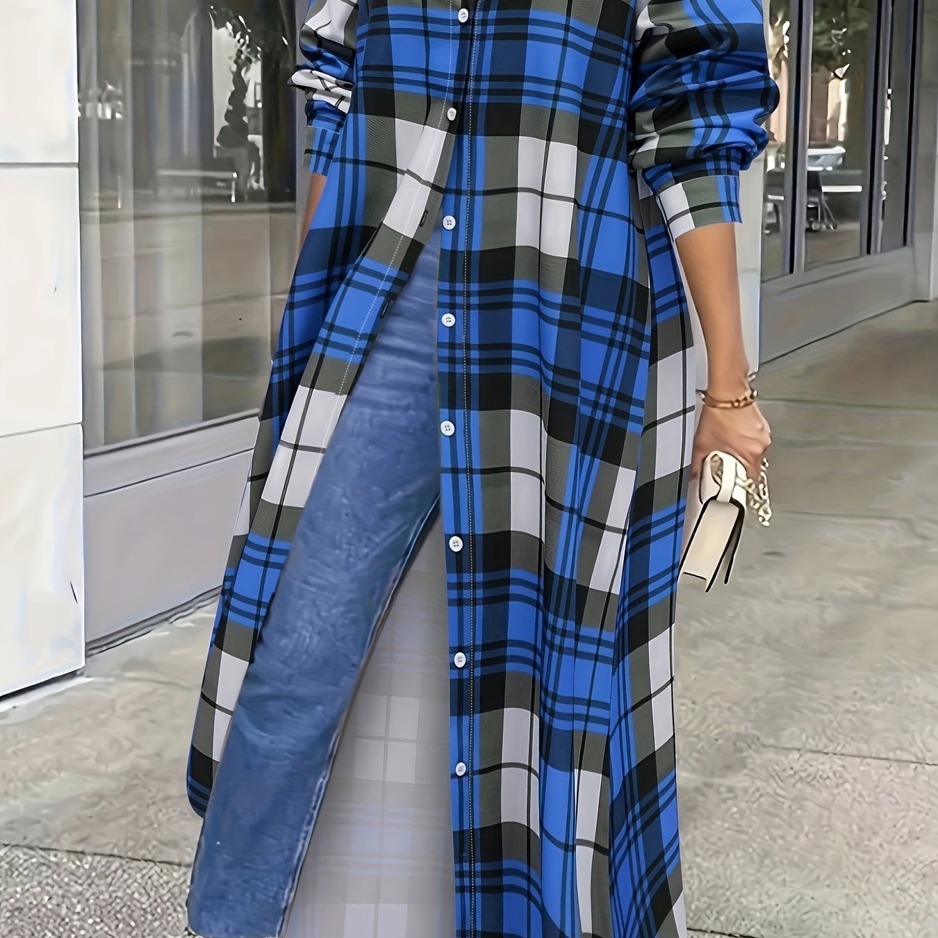 Plus o'lchamli tekislangan kofta, kundalik, uzun qo'l, tugma oldi, ayollar uchun