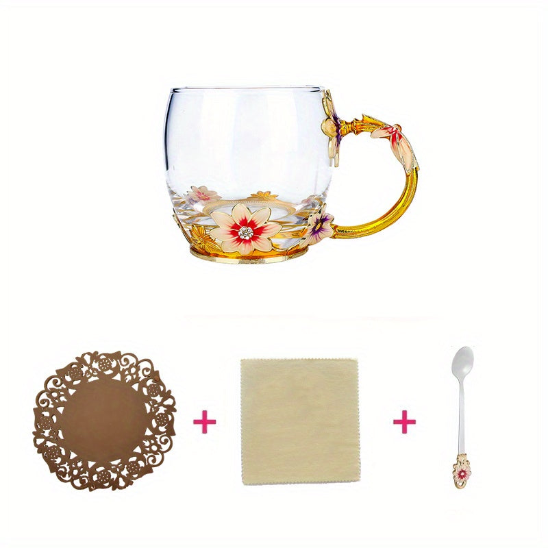 11.8oz Glass Tea Cup Set with Coaster and Spoon Elegant Flower Pattern for Coffee Water