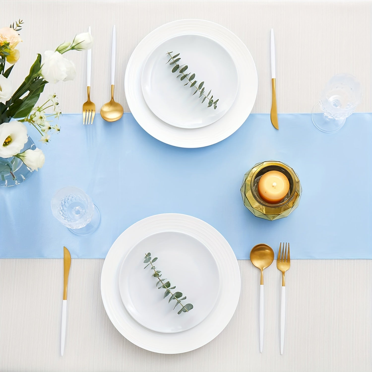 Light Blue Satin Table Runner 30.48 x 274.32 cm for Weddings and Formal Events
