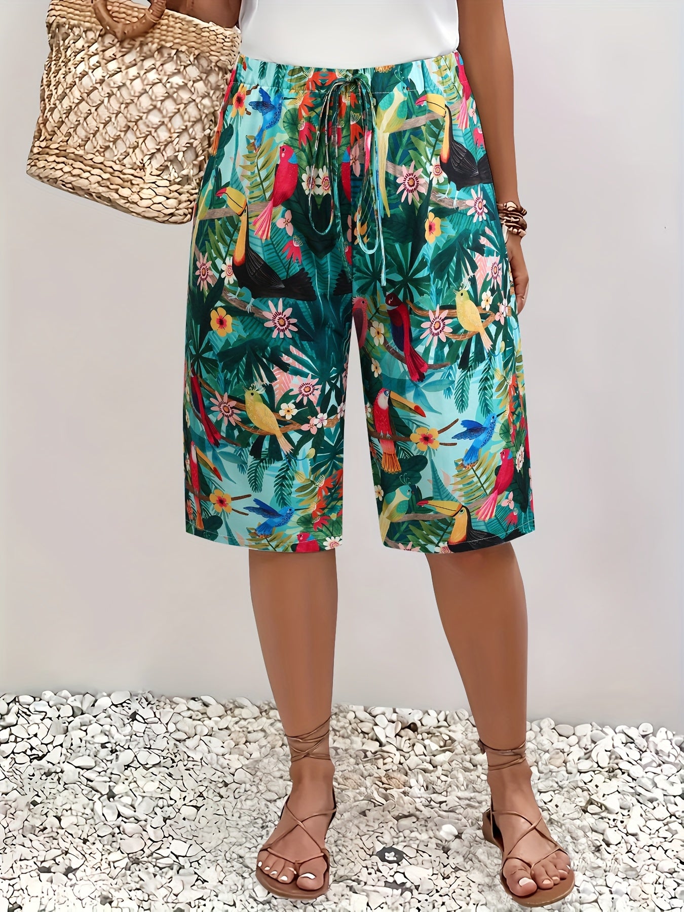 Women's Plus Size Tropical Floral Print Mid-Pants Non-Stretchy Cropped Pants for Summer and Office
