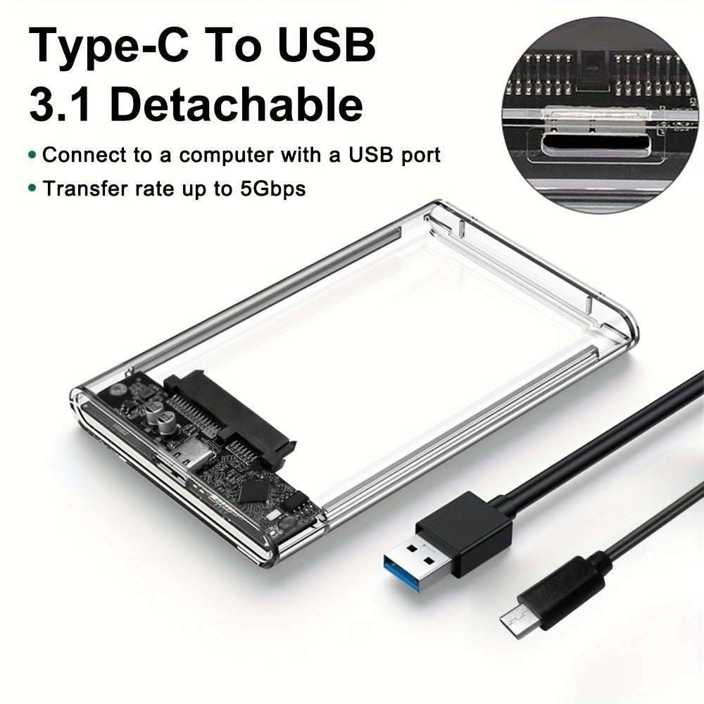 2.5-Inch SATA SSD Hard Drive Enclosure USB 3.1 Type-C Transparent Case