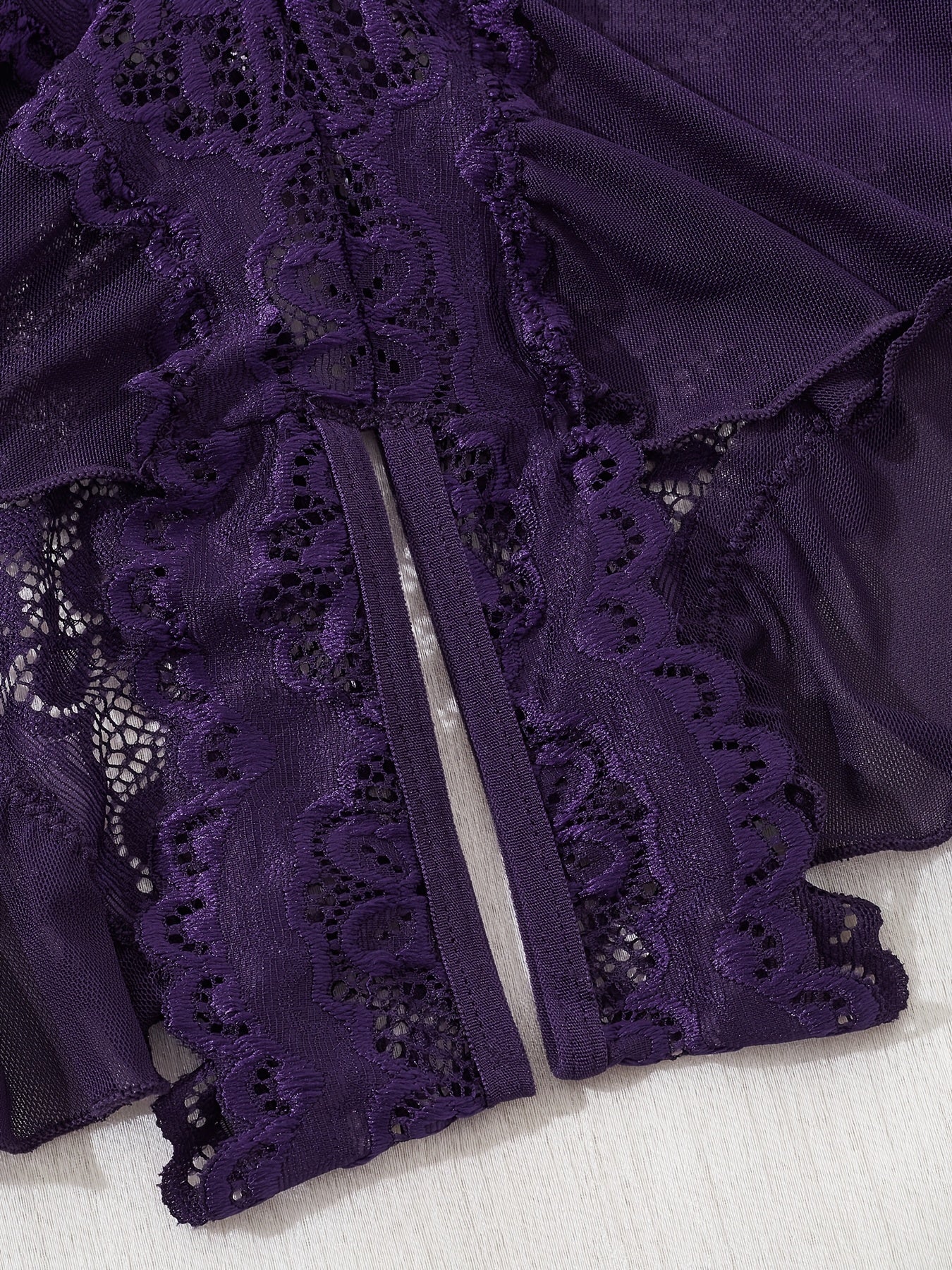 Women's Lace Trim Semi-Sheer Nightgown with Ruffled Hem and Adjustable Ties