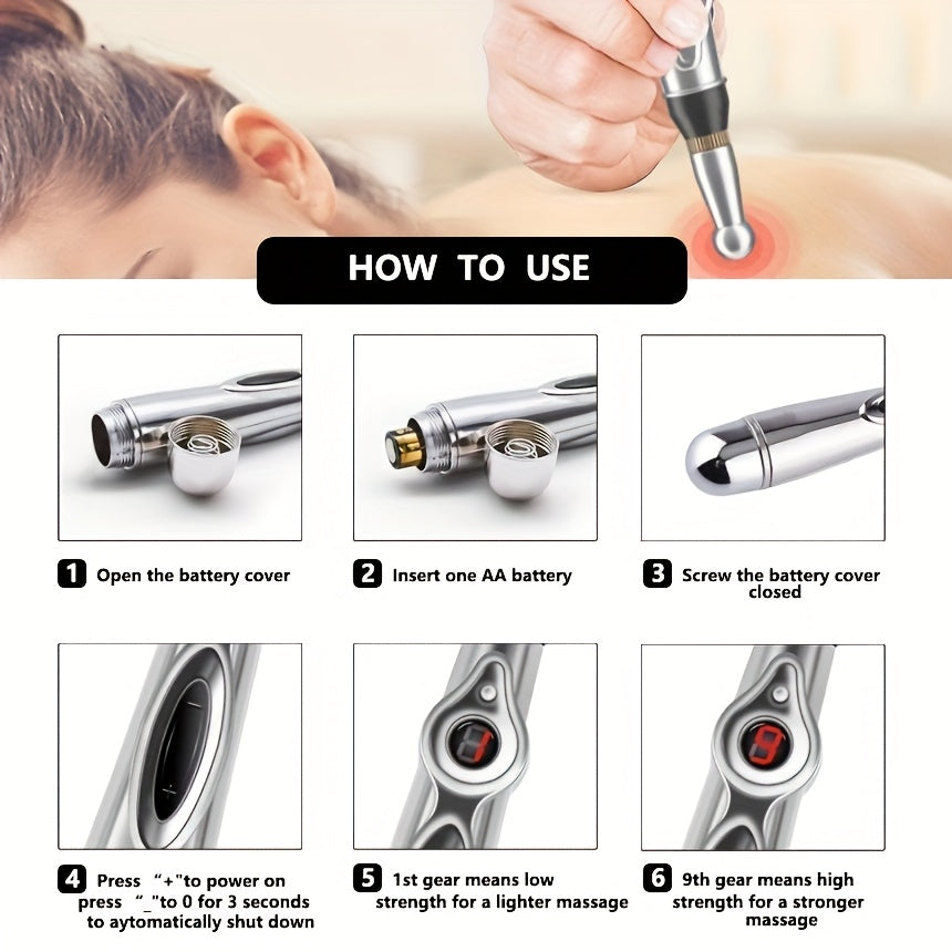 Portable Electric Massage Pen with 9 Speeds, Digital Display, USB Charging, Multiple Heads for Back Waist Legs