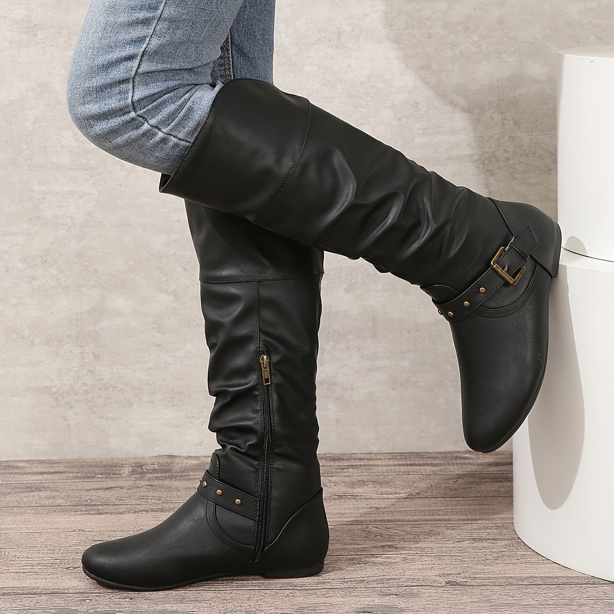 Women's Pleated Leather Knee High Western Boots with Buckle Strap